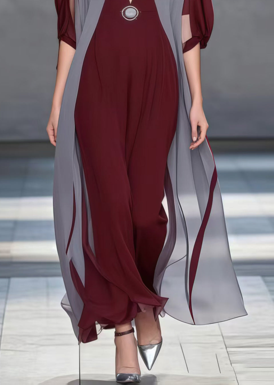 Deep V-Neck Batwing Sleeve Colorblock Chiffon Maxi Dress