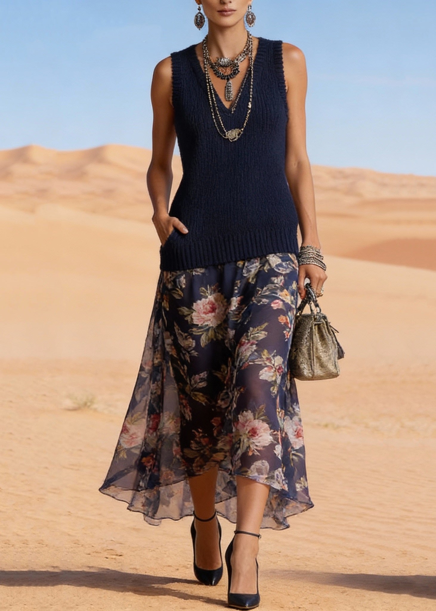 V-Neck Sleeveless Knit Chiffon Patchwork High Low Maxi Dress