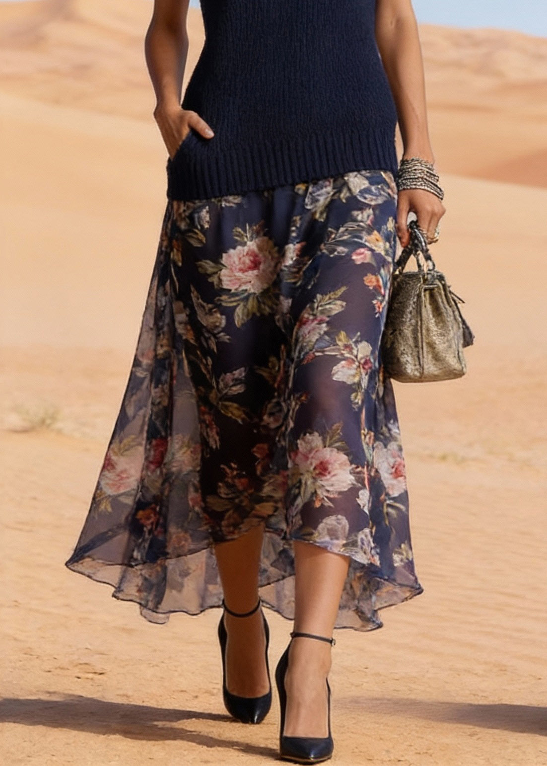 V-Neck Sleeveless Knit Chiffon Patchwork High Low Maxi Dress