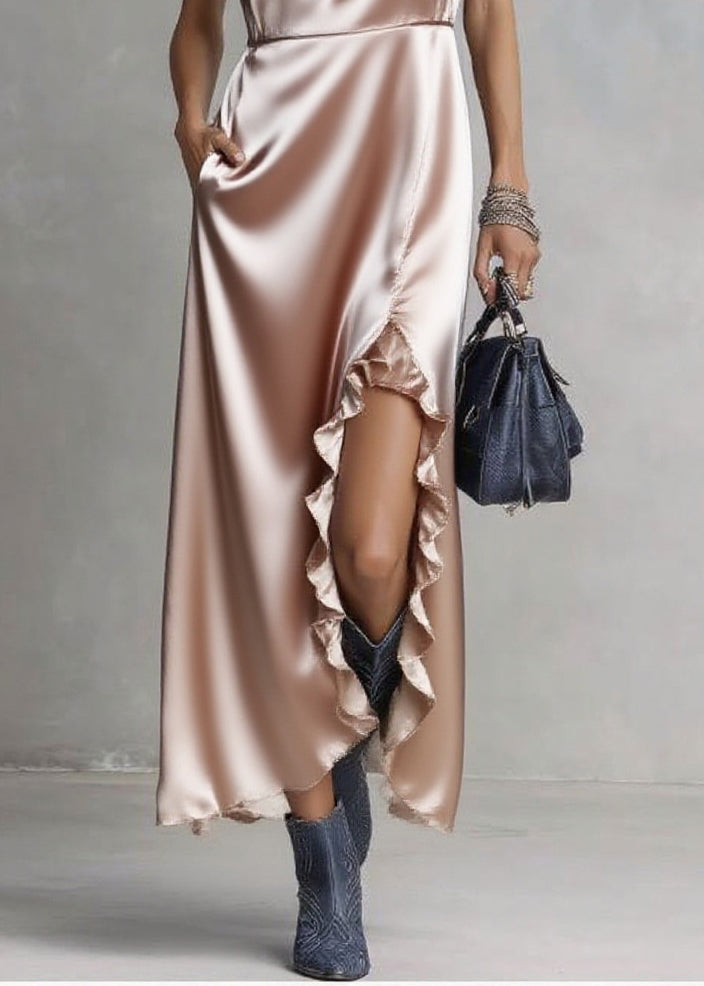 Satin Deep V-Neck Sleeveless Ruffle Trim High Split Pocket Maxi Dress