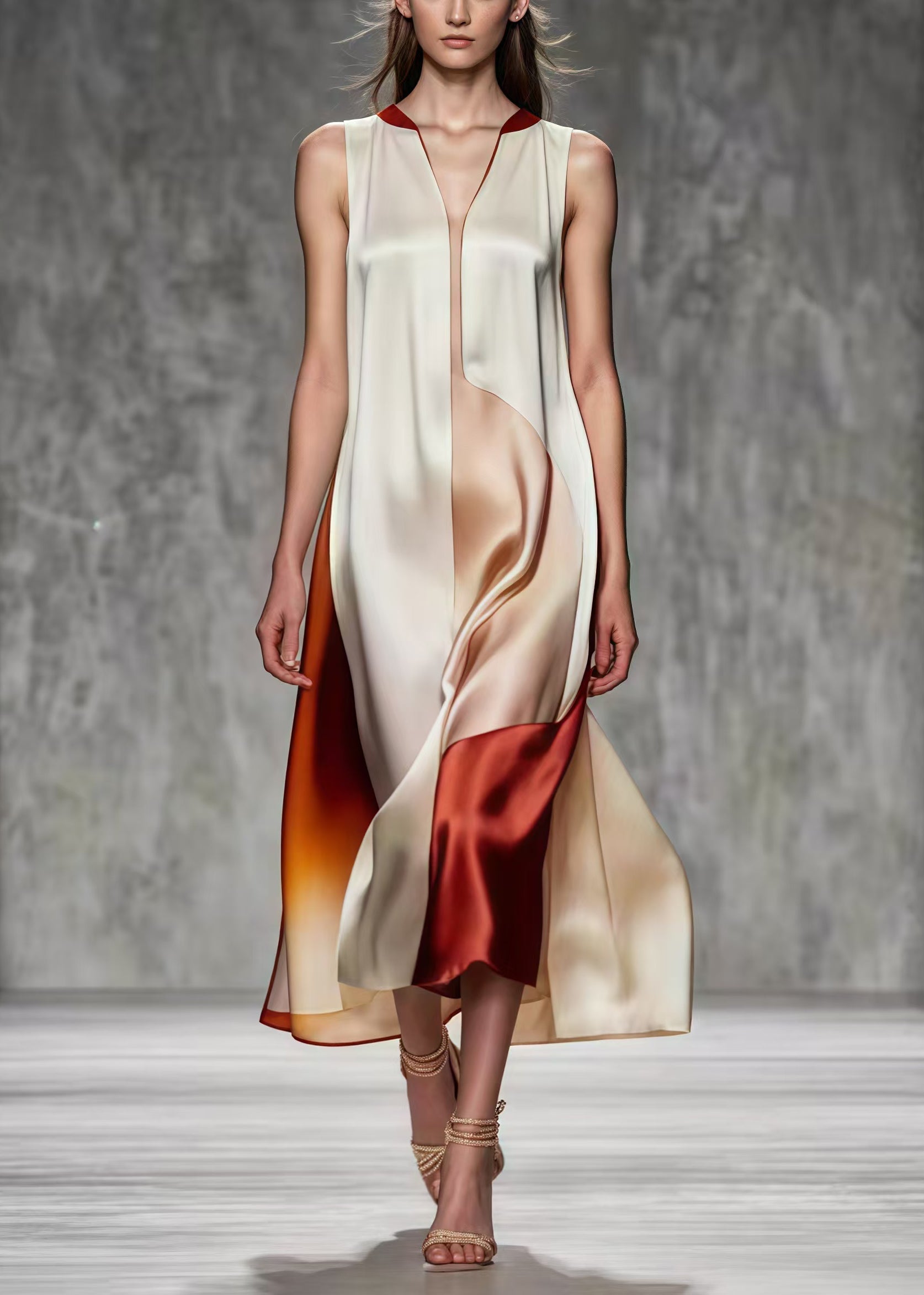 Satin V-Neck Sleeveless Color Block Asymmetric Hem Midi Dress
