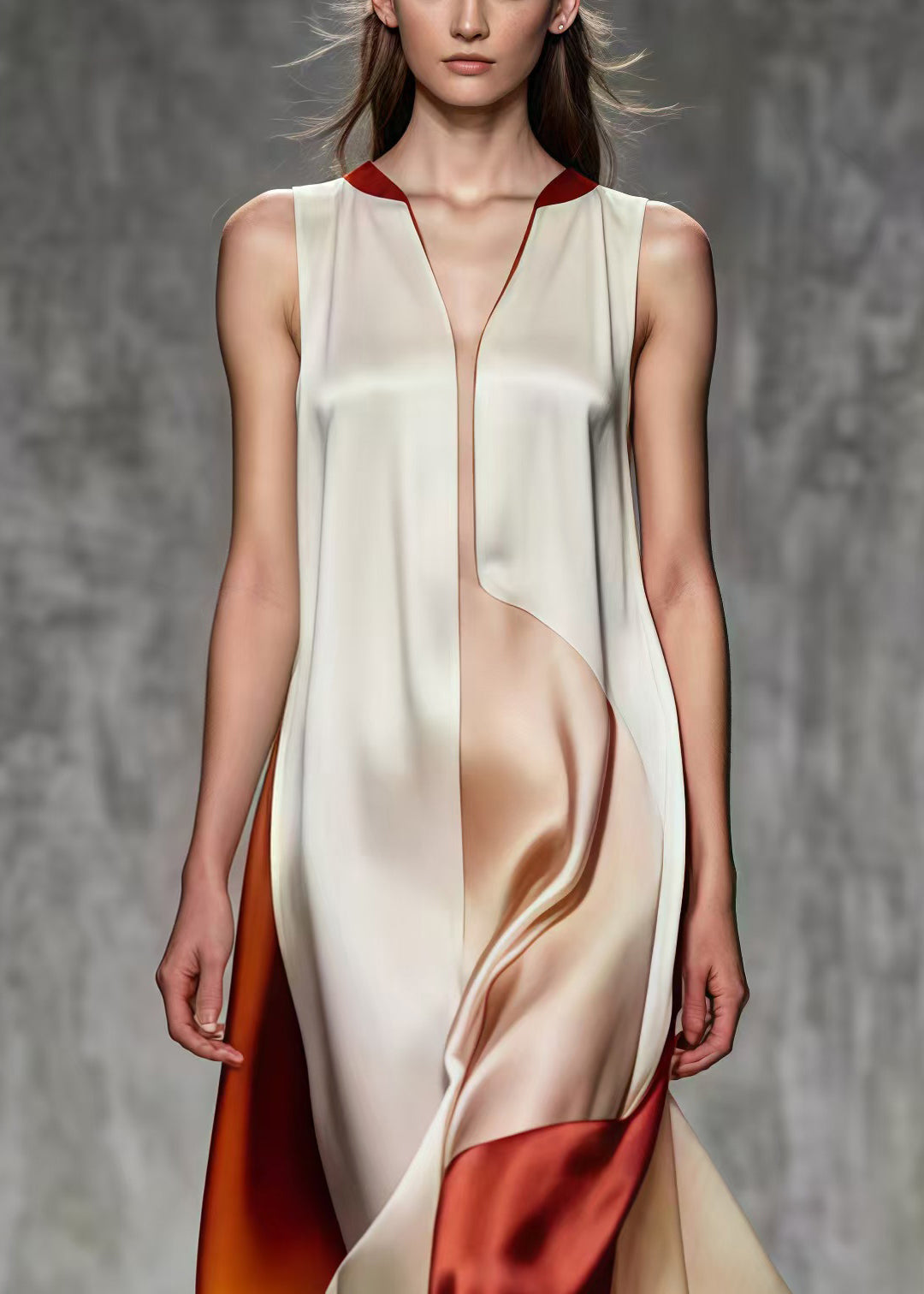 Satin V-Neck Sleeveless Color Block Asymmetric Hem Midi Dress
