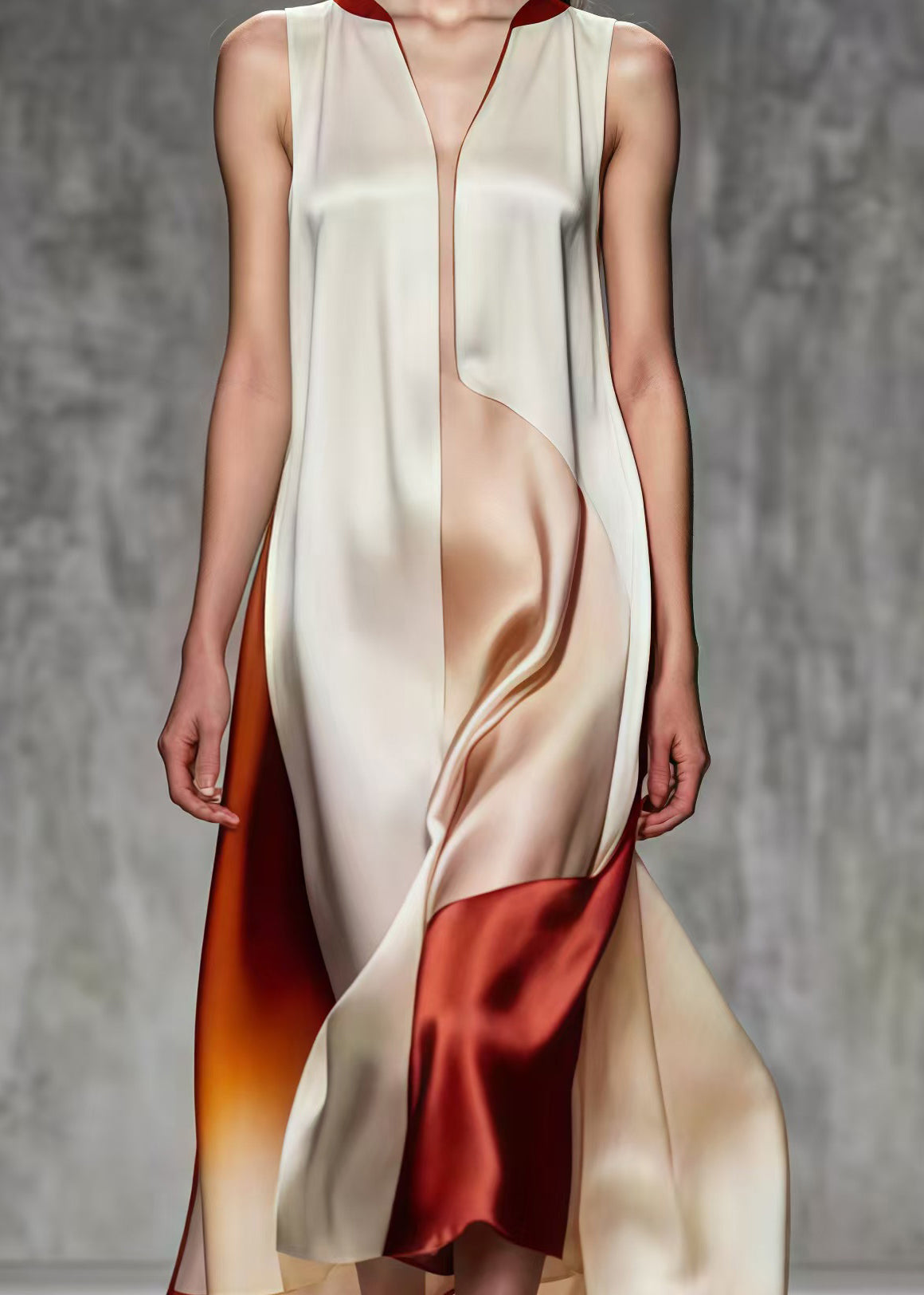 Satin V-Neck Sleeveless Color Block Asymmetric Hem Midi Dress