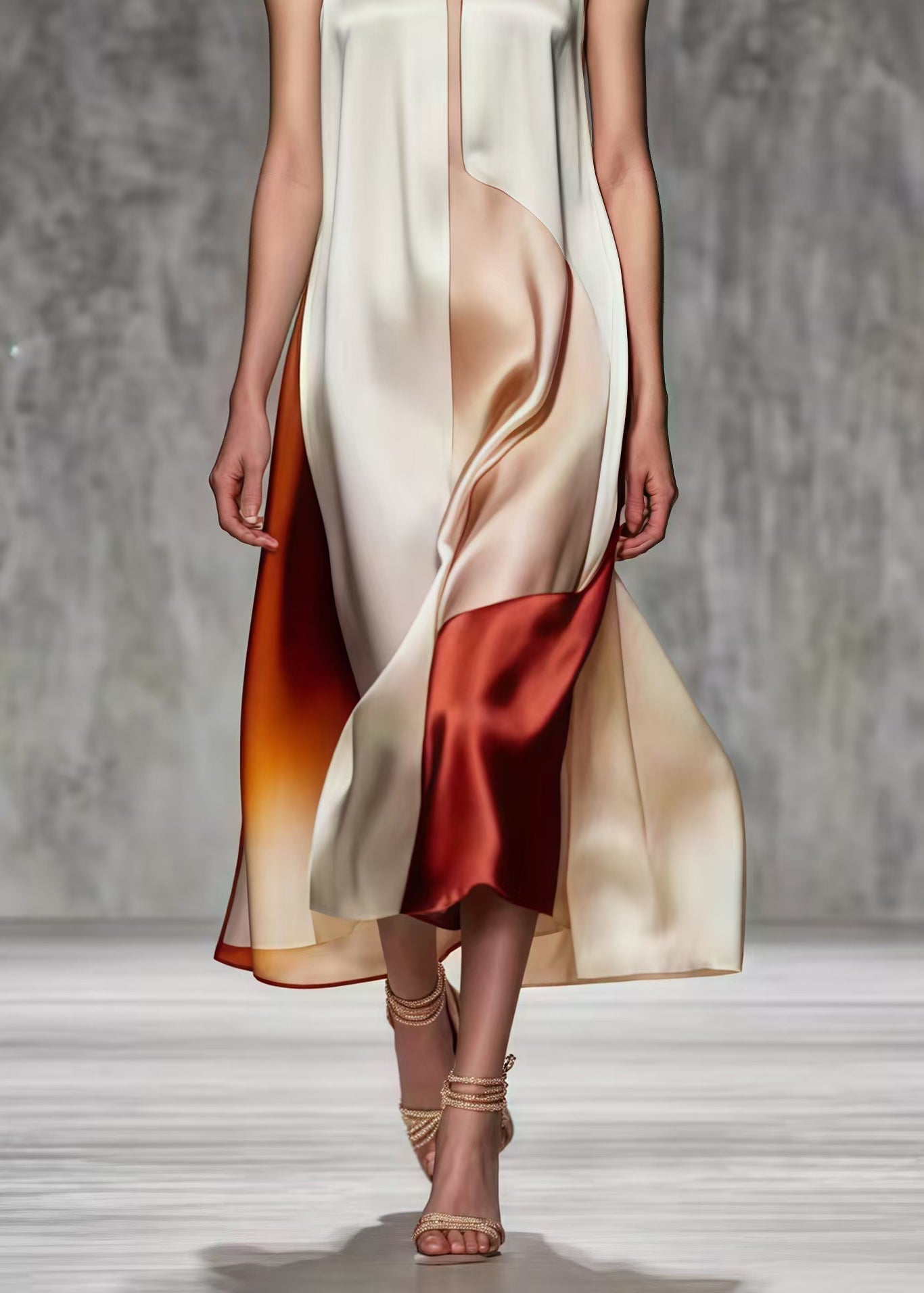 Satin V-Neck Sleeveless Color Block Asymmetric Hem Midi Dress