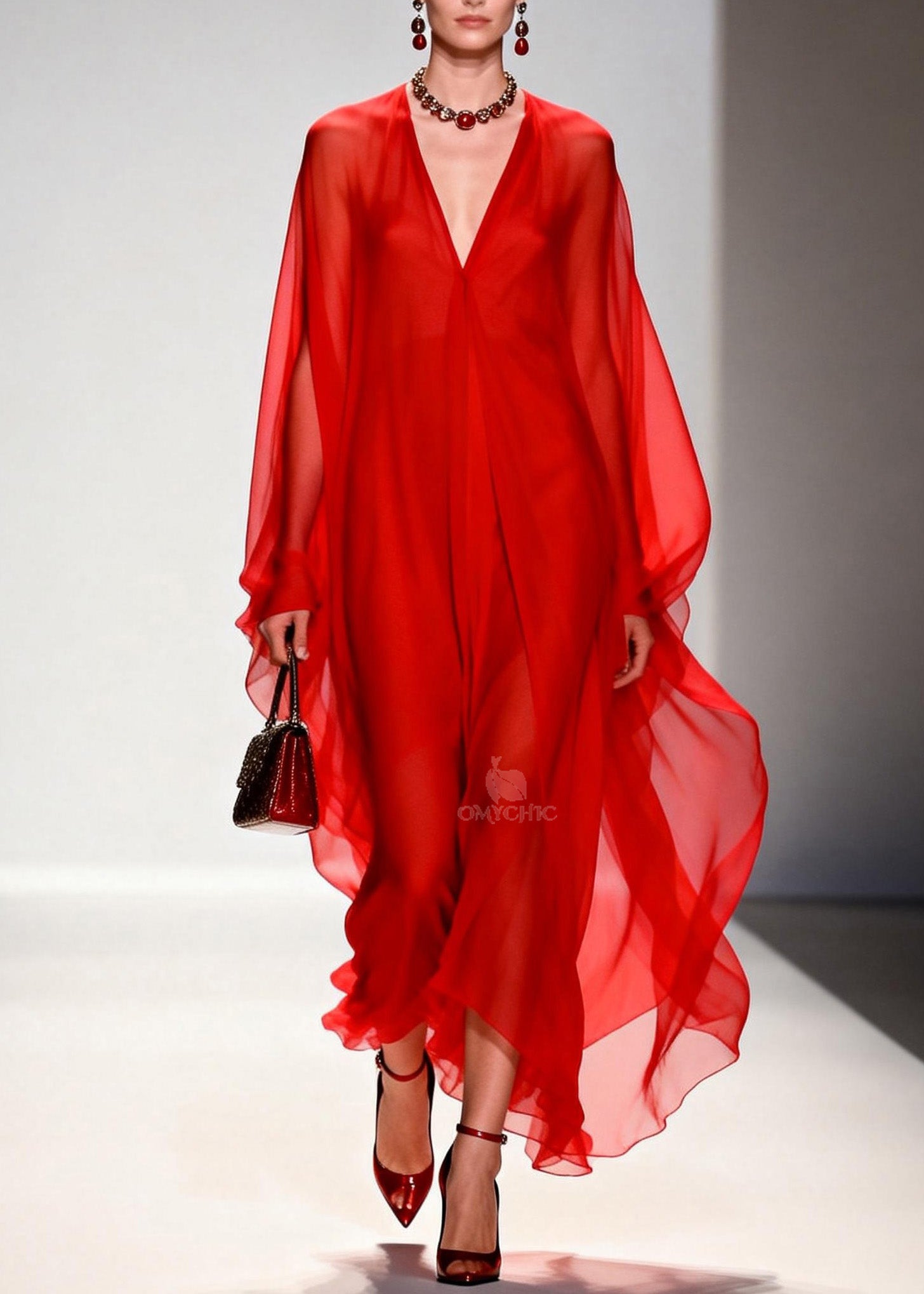 Deep V-Neck Batwing Sleeve Flowy Sheer Chiffon Kaftan Maxi Gown