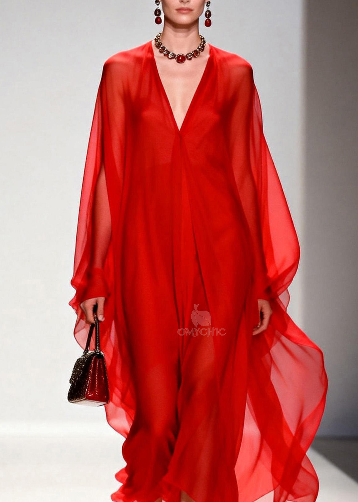 Deep V-Neck Batwing Sleeve Flowy Sheer Chiffon Kaftan Maxi Gown