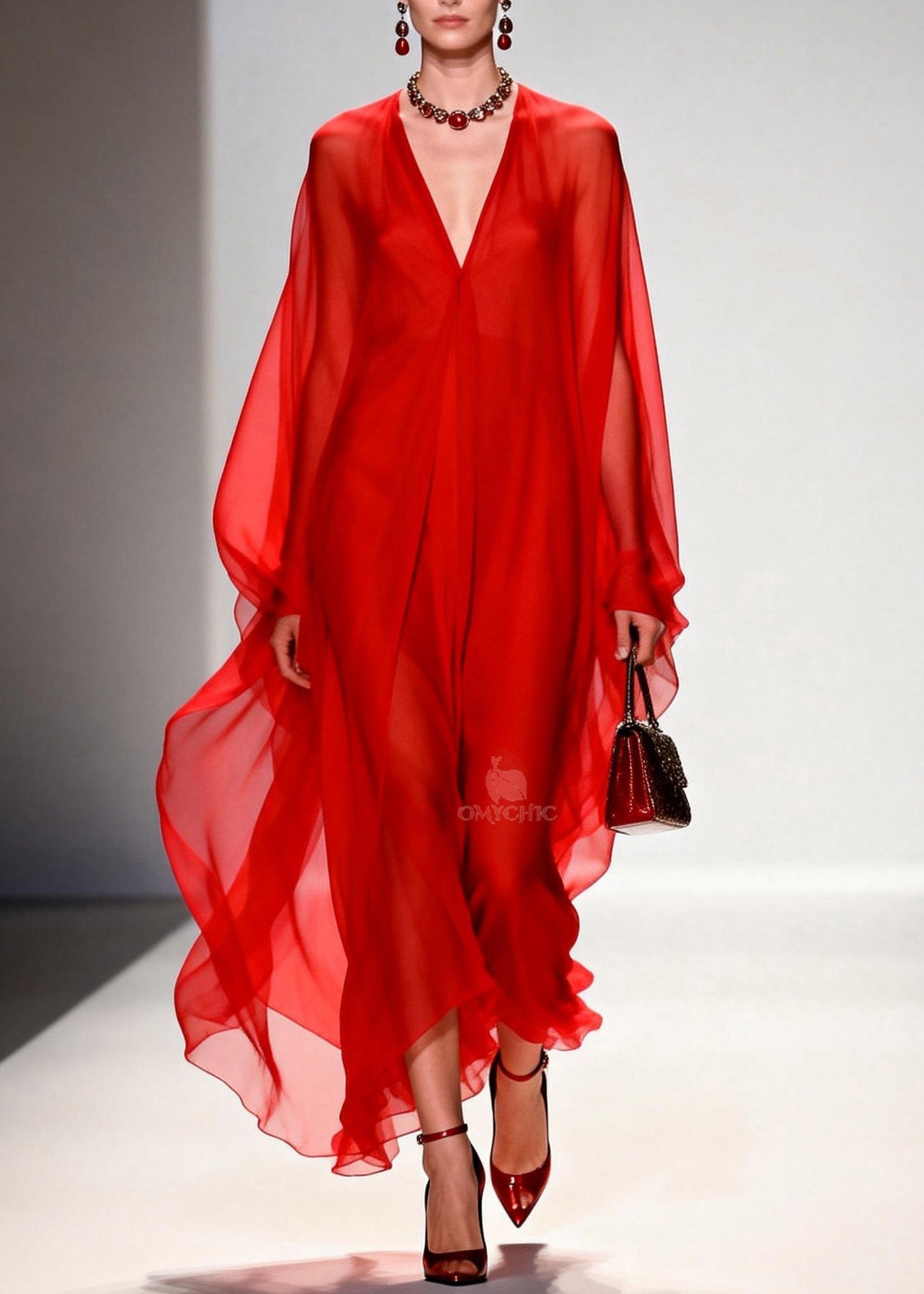 Deep V-Neck Batwing Sleeve Flowy Sheer Chiffon Kaftan Maxi Gown