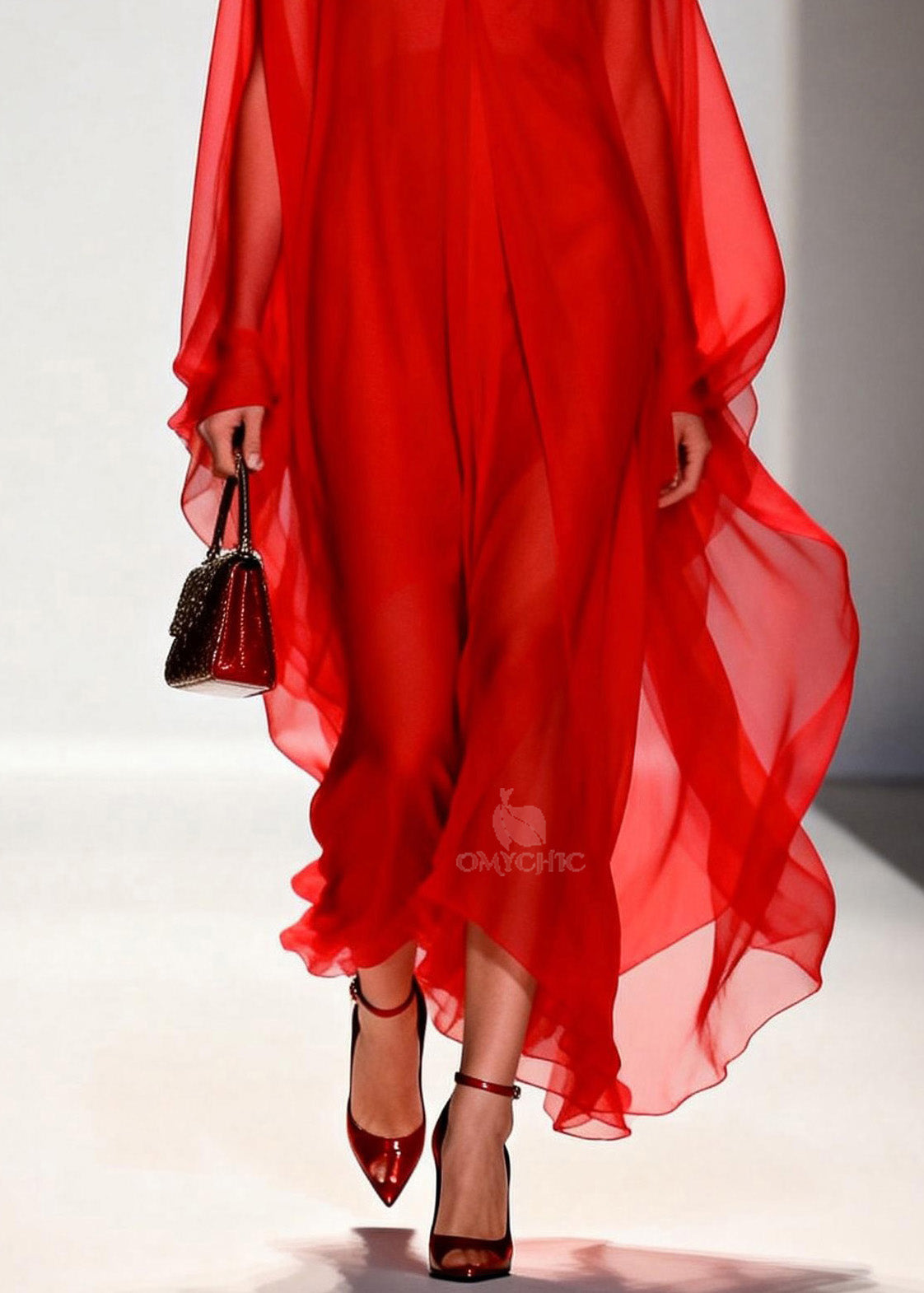Deep V-Neck Batwing Sleeve Flowy Sheer Chiffon Kaftan Maxi Gown