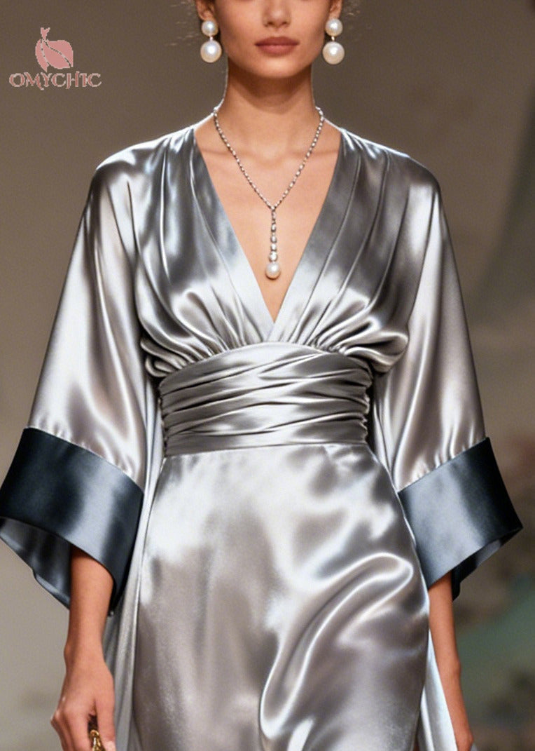 Satin Deep V-Neck Pleated Waist Midi Dress Open Front Robe Two-Piece Set