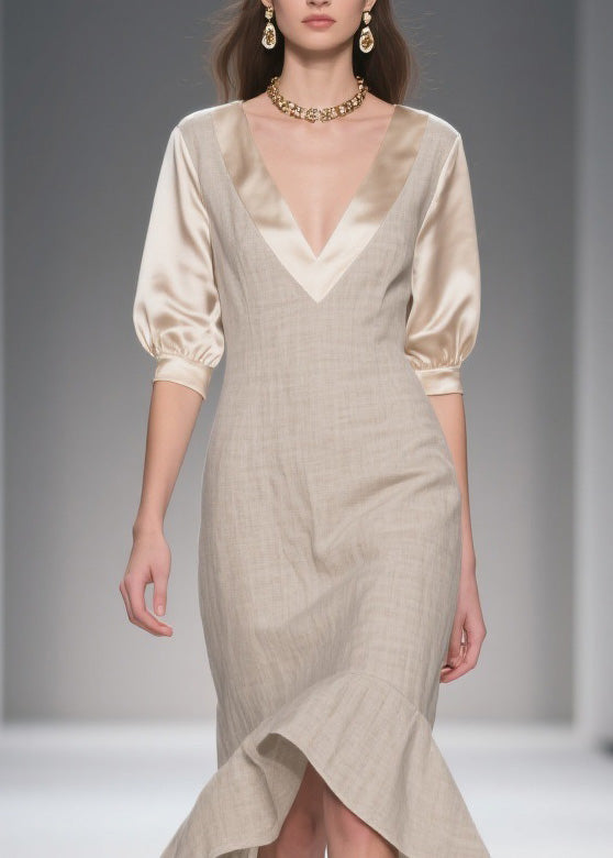 Deep V-Neck Puff Sleeve Woven Fit and Flare Midi Dress - View 2