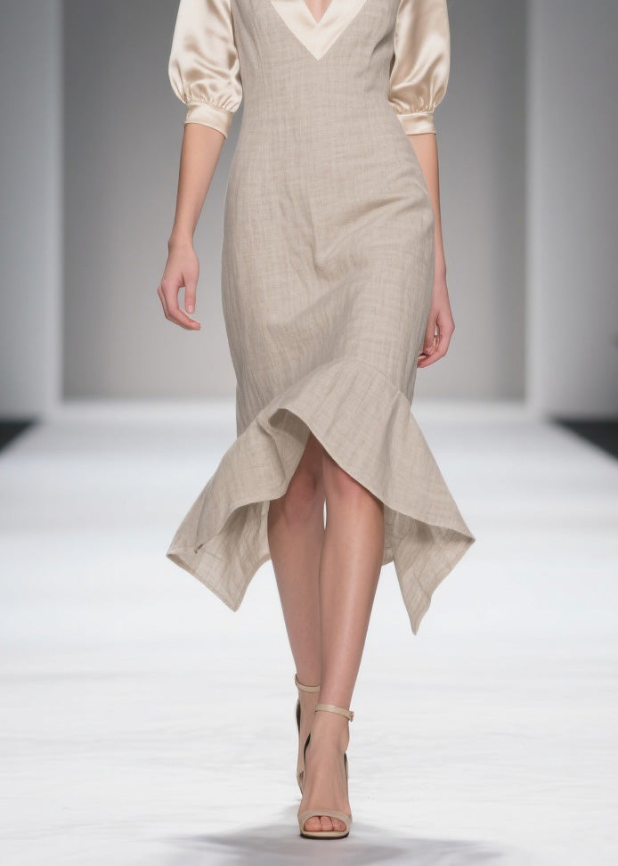 Deep V-Neck Puff Sleeve Woven Fit and Flare Asymmetrical Flounce Midi Dress