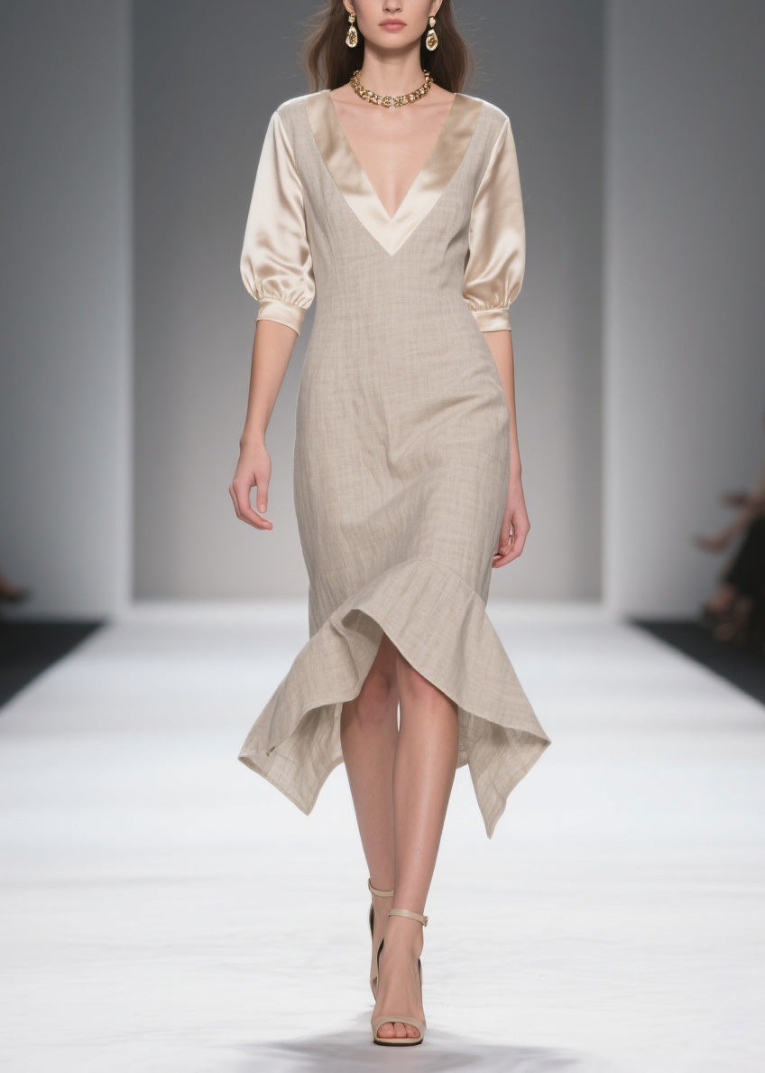 Deep V-Neck Puff Sleeve Woven Fit and Flare Midi Dress - View 5