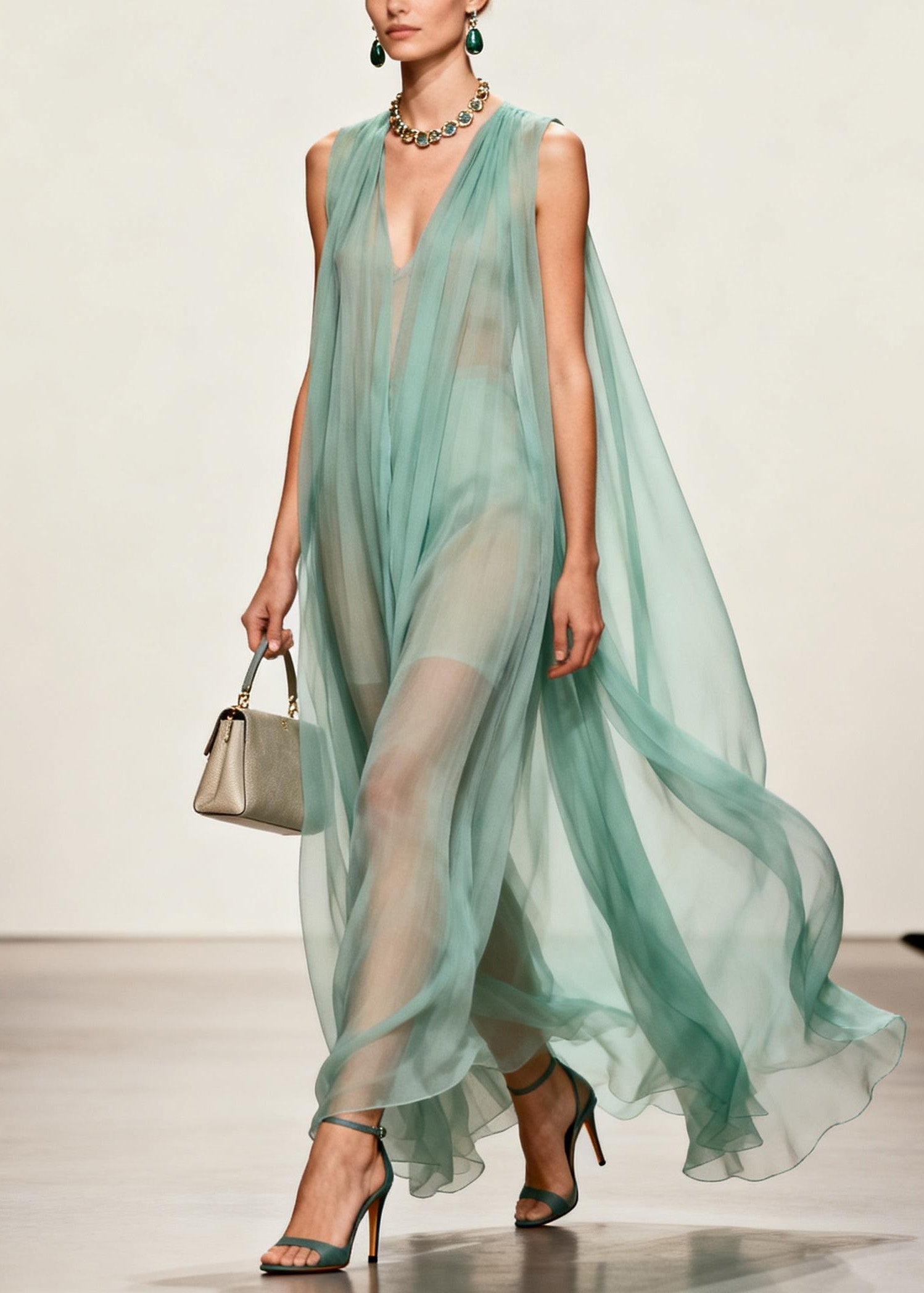 Chiffon Deep V-Neck Sleeveless Cape Back Pleated Sheer Maxi Gown