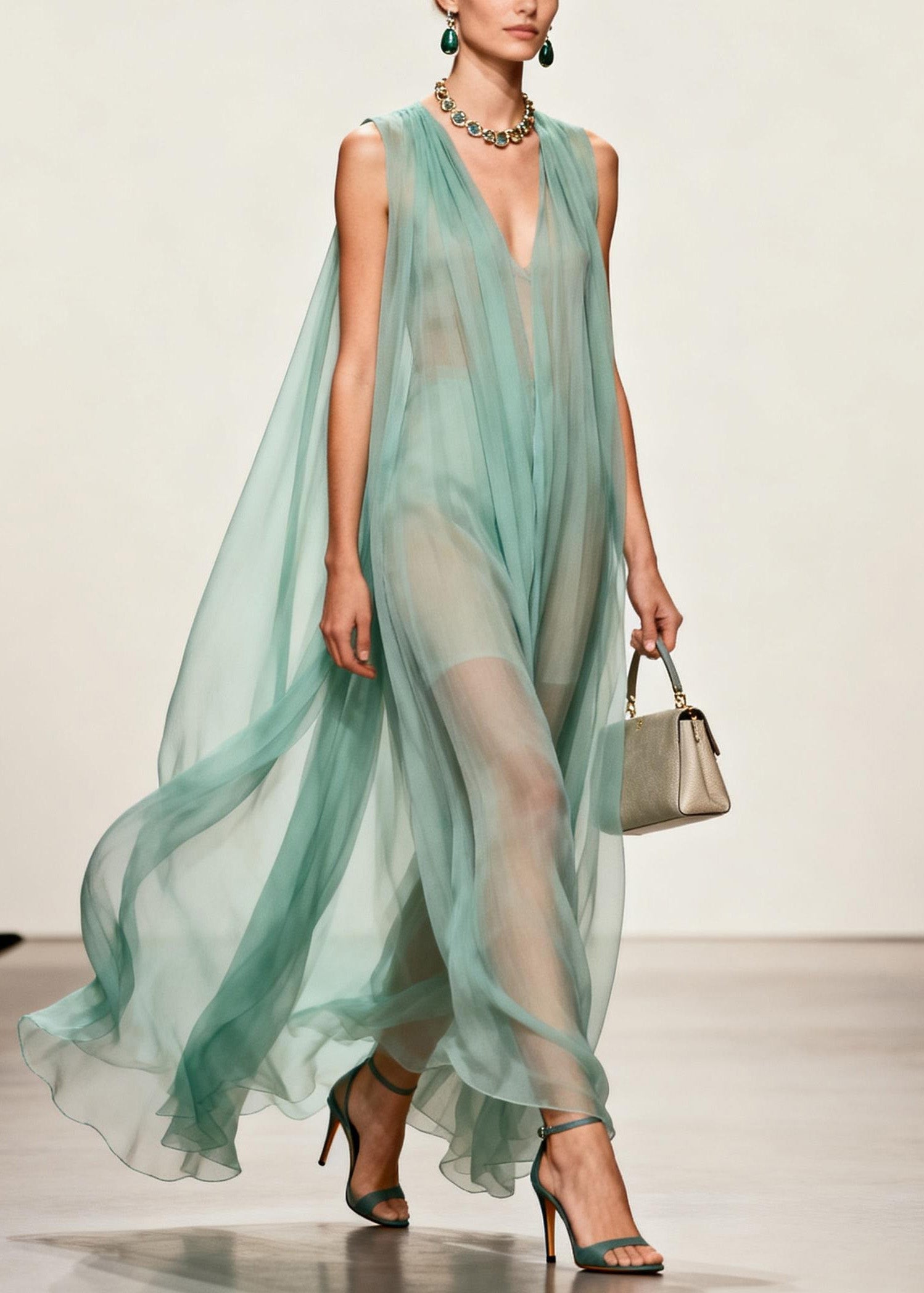 Chiffon Deep V-Neck Sleeveless Cape Back Pleated Sheer Maxi Gown