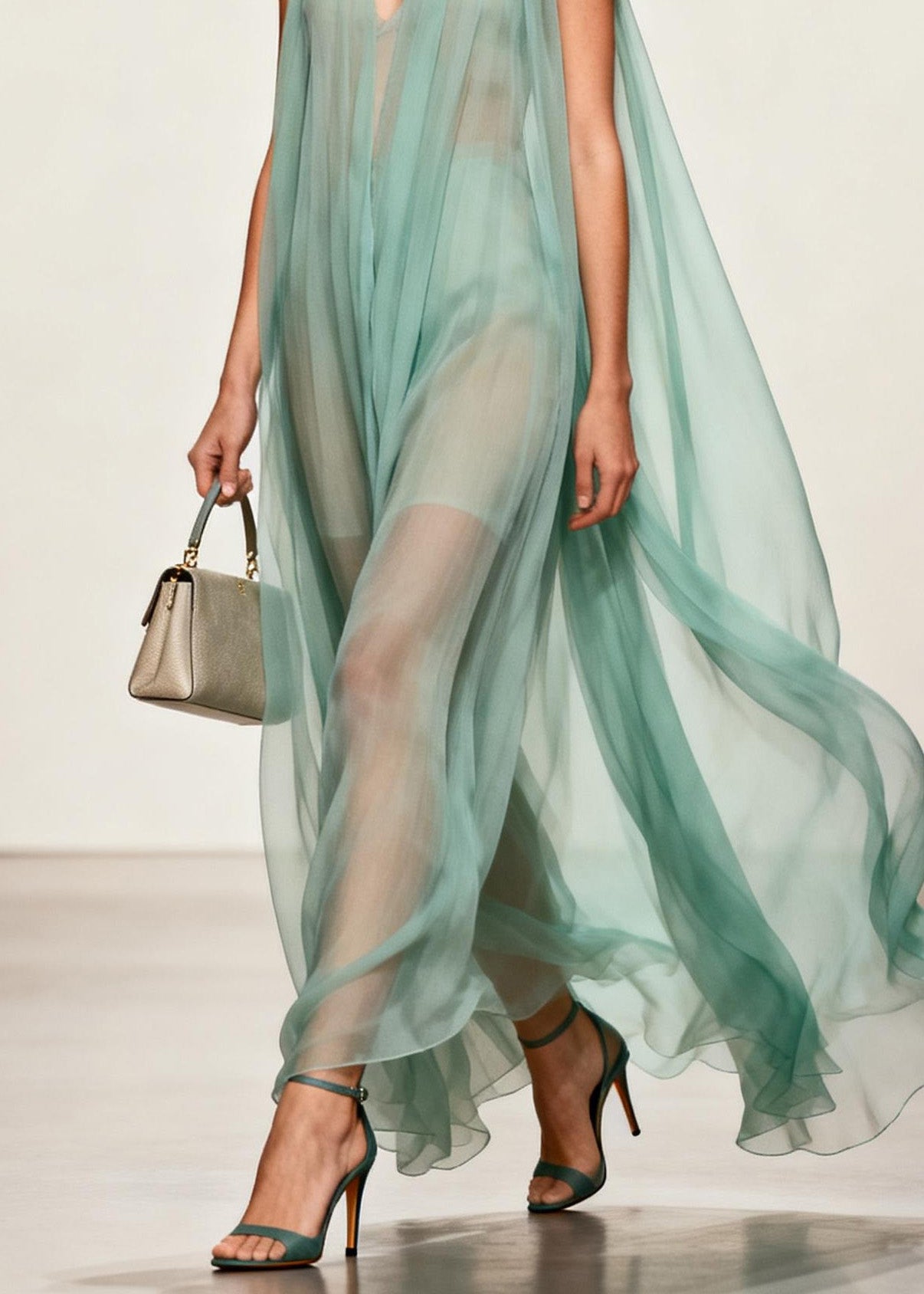 Chiffon Deep V-Neck Sleeveless Cape Back Pleated Sheer Maxi Gown