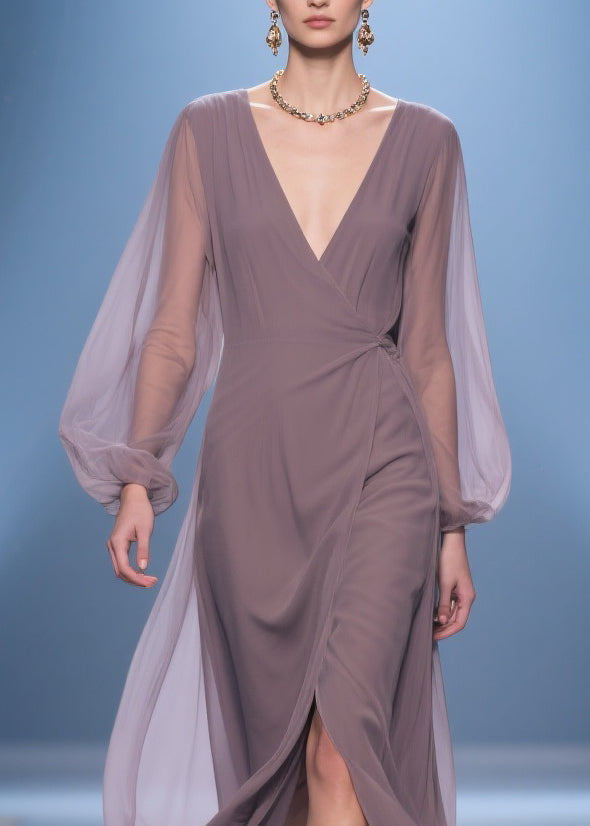 Chiffon Wrap Deep V-Neck Bishop Sleeve Gathered Waist High Split Maxi Gown