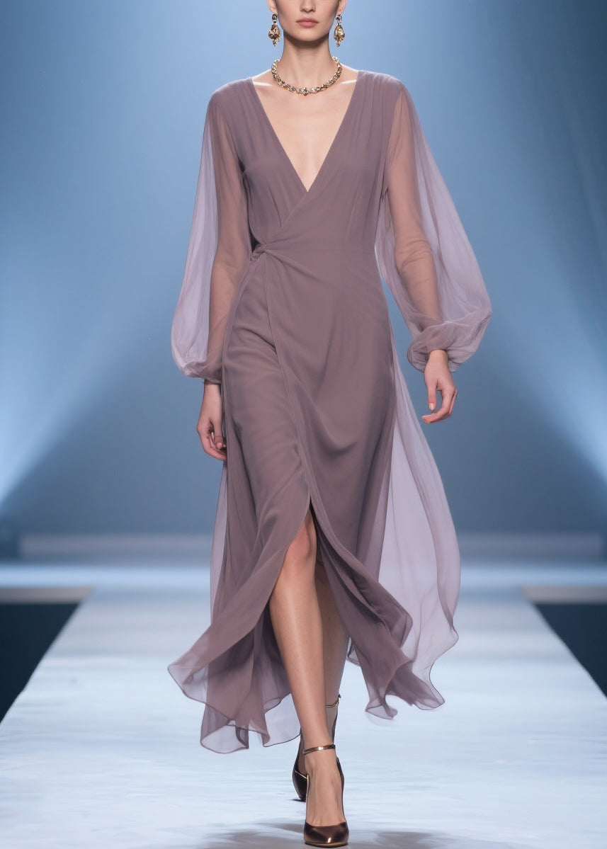 Chiffon Wrap Deep V-Neck Bishop Sleeve Gathered Waist High Split Maxi Gown