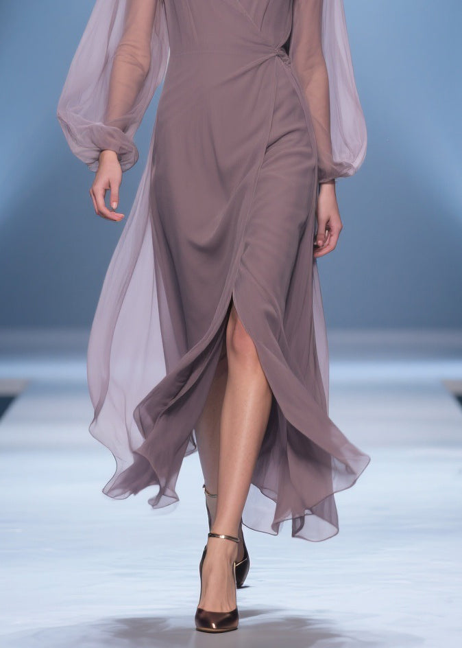 Chiffon Wrap Deep V-Neck Bishop Sleeve Gathered Waist High Split Maxi Gown