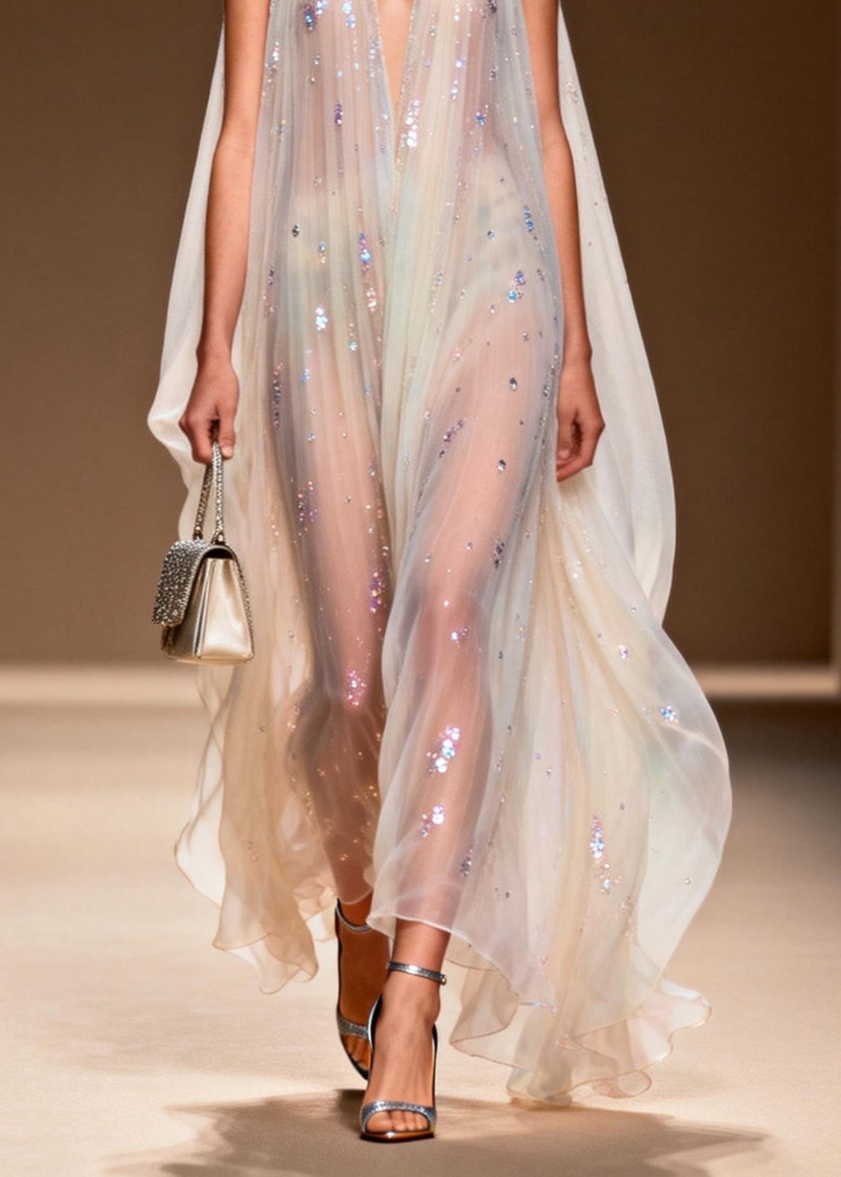 Sequin Scatter Halter Deep V-Neck Pleated Cape Sheer Maxi Gown