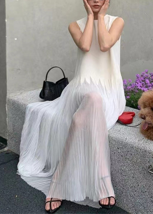 Sleeveless Crew Neck Sheer Pleated Jagged Seam Maxi Dress