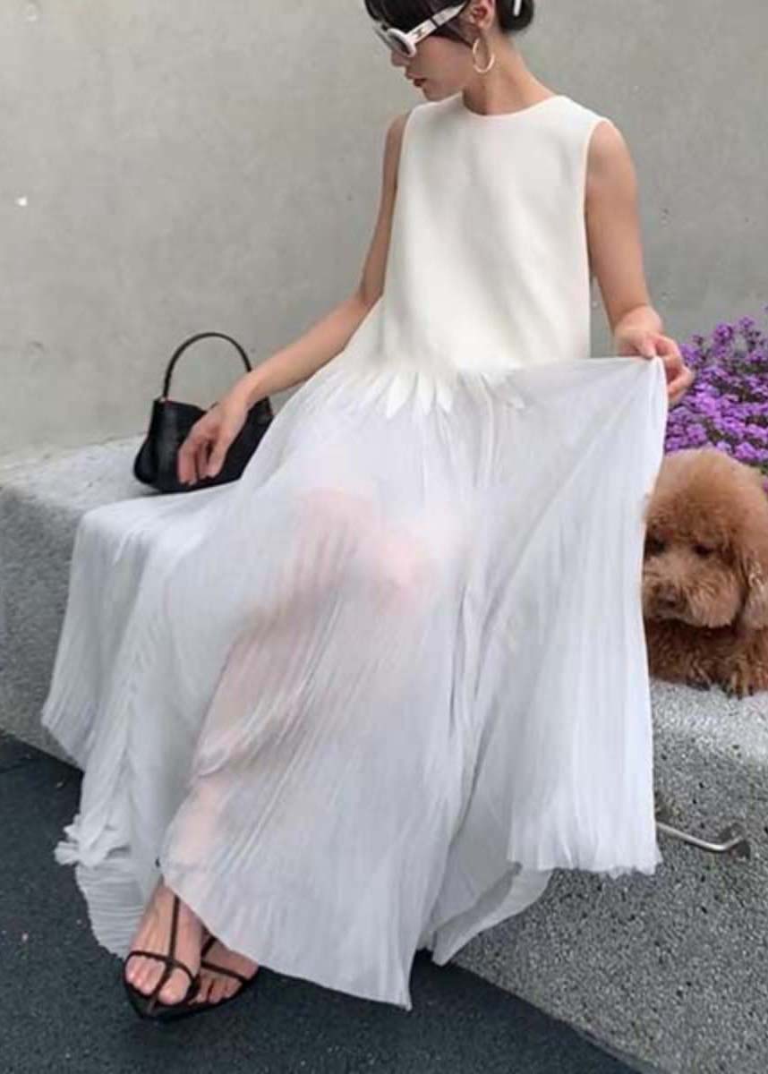 Sleeveless Crew Neck Sheer Pleated Jagged Seam Maxi Dress