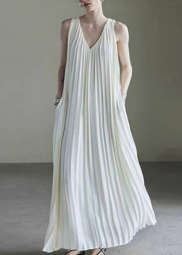 Chiffon Deep V-Neck Sleeveless Accordion Pleat Pocket Flowy Maxi Dress