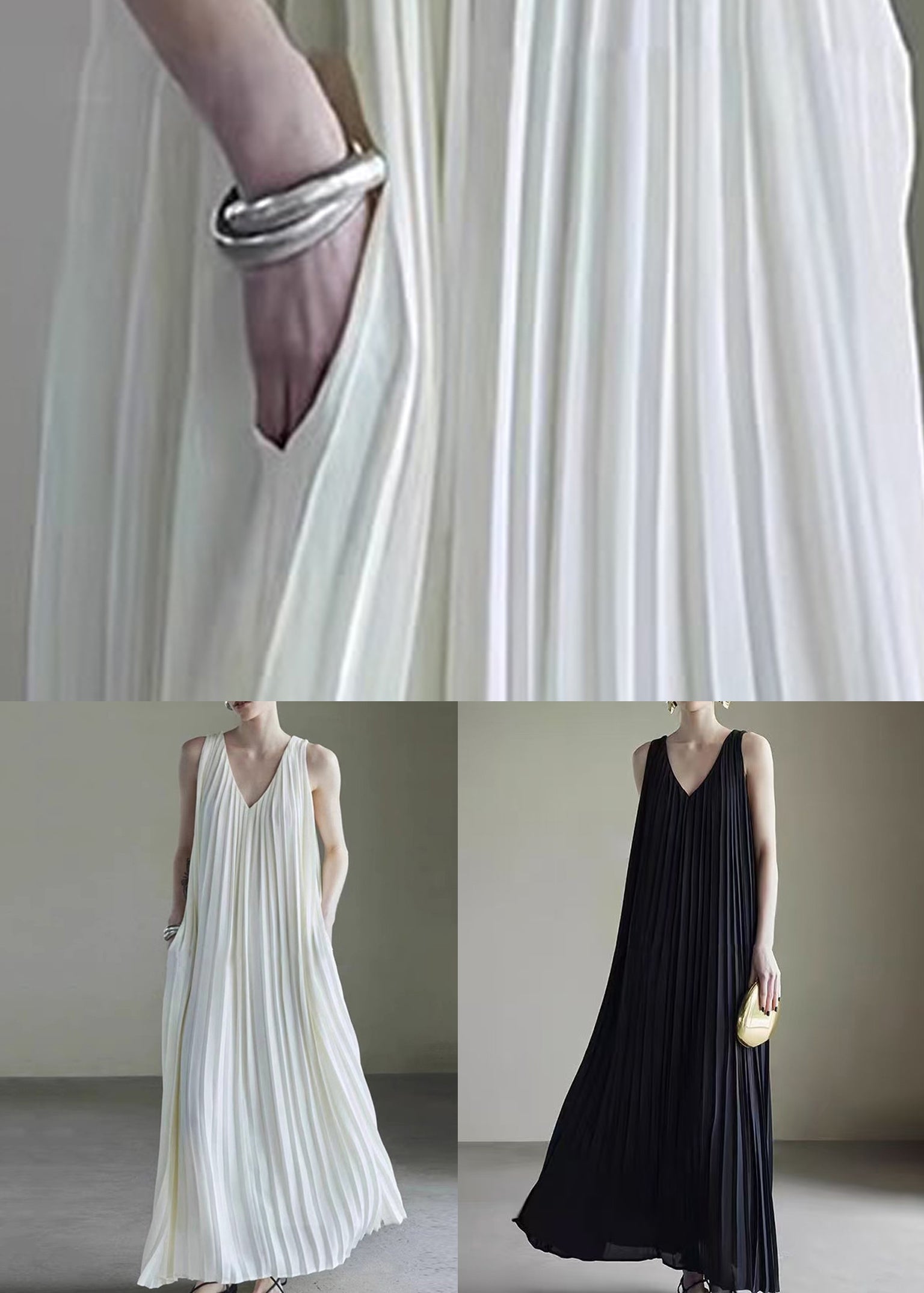 Simple White V Neck Wrinkled Chiffon Long Dress Sleeveless