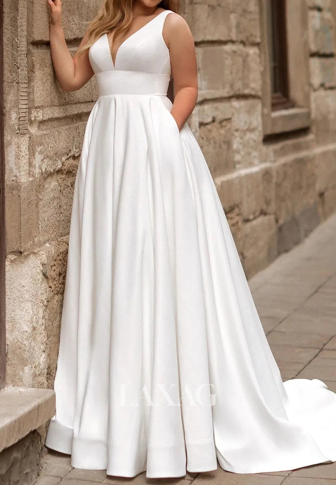 Deep V-Neck Pleated Satin A-Line Wedding Dress Off-Shoulder Sleeveless Sweep Train Bride Gowns