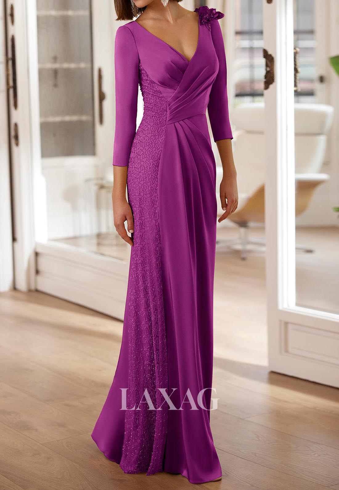 Deep-/ Sleeves Cocktail Gowns Beaded Pleated Satin Mermaid Mother of the Bride Dress