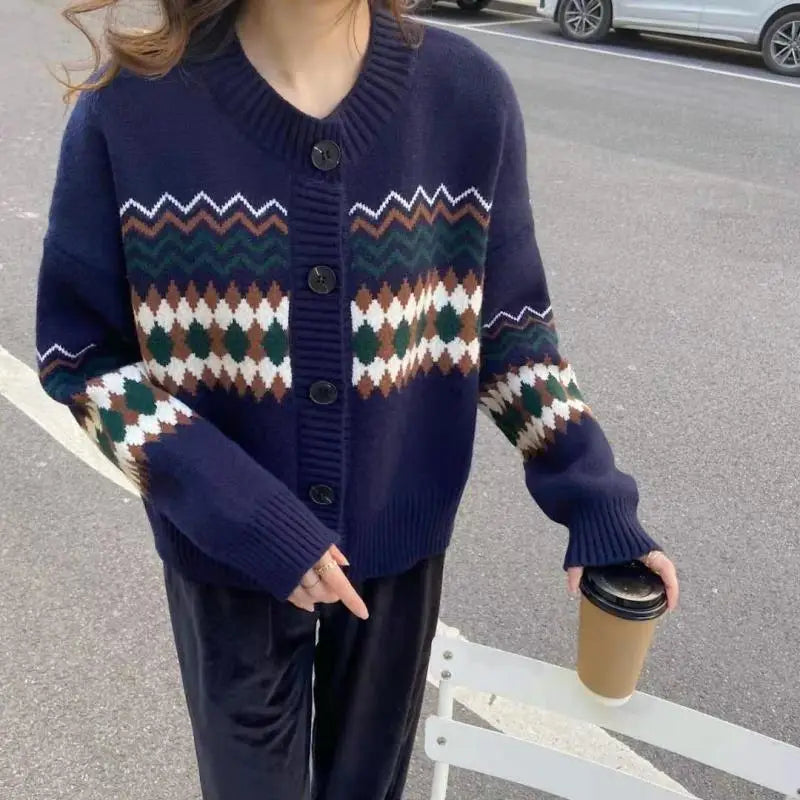 Crew Neck Fair Isle Fuzzy Knit Button Front Long Sleeve Cardigan 3