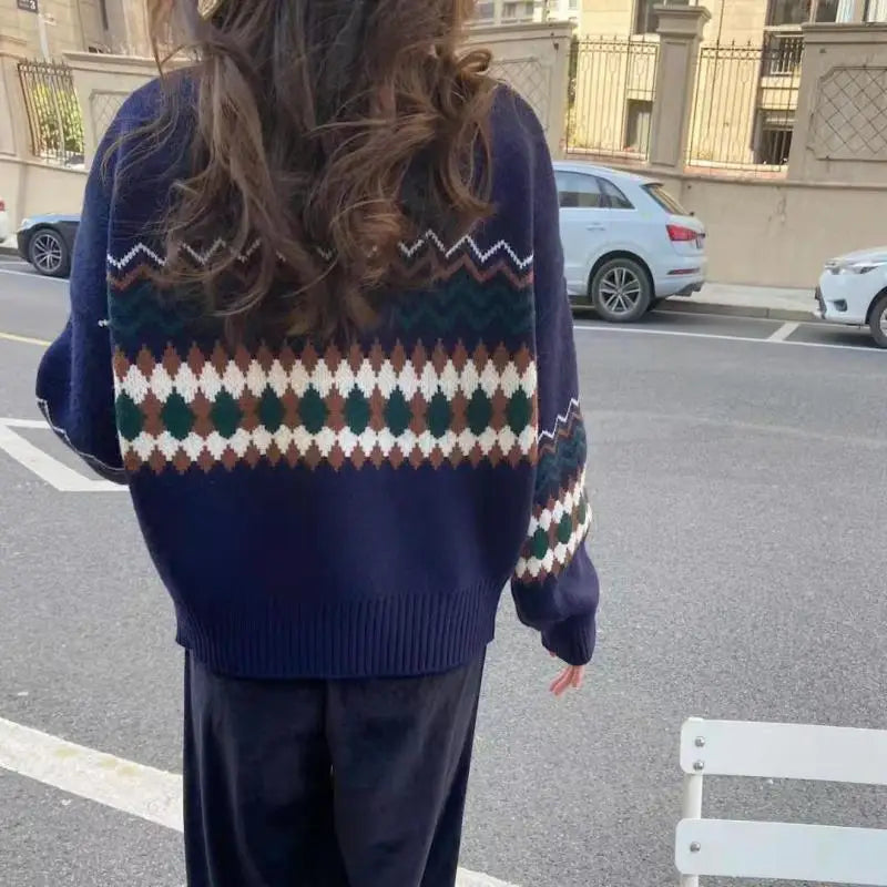 Crew Neck Fair Isle Fuzzy Knit Button Front Long Sleeve Cardigan 4