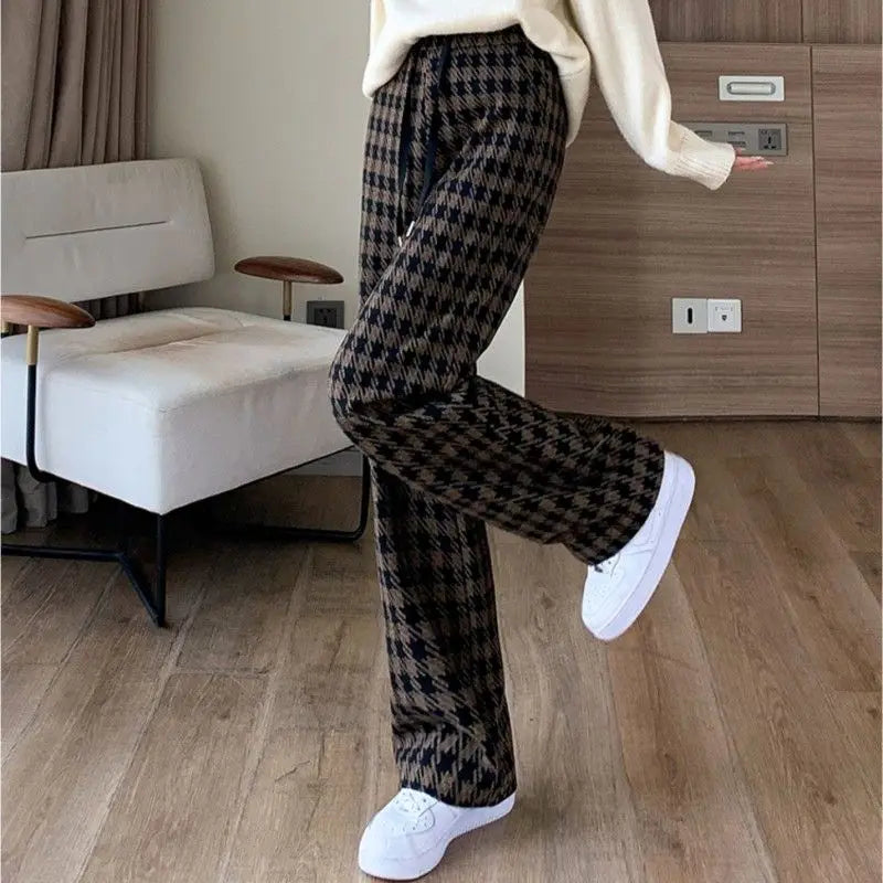 Houndstooth Knit Drawstring High Waist Straight Leg Pants