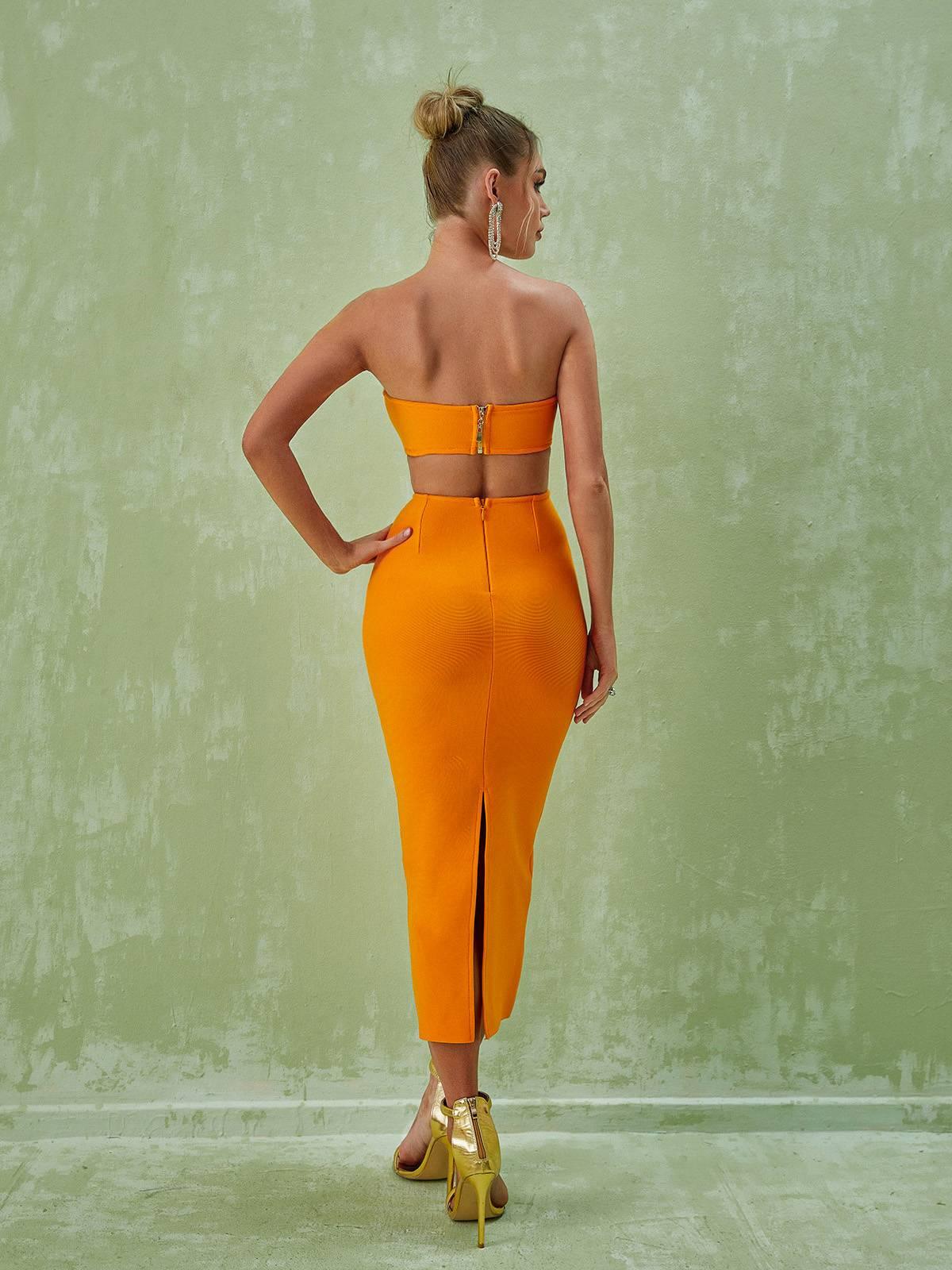 Strapless Sweetheart Cut Out Bandage Bodycon Midi Dress