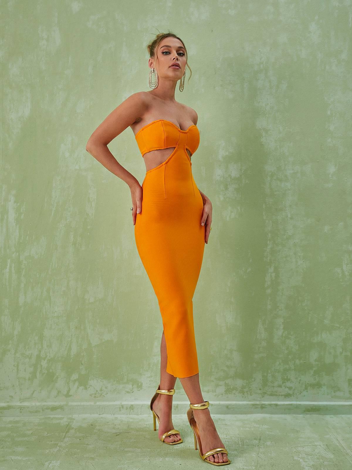 Strapless Sweetheart Cut Out Bandage Bodycon Midi Dress