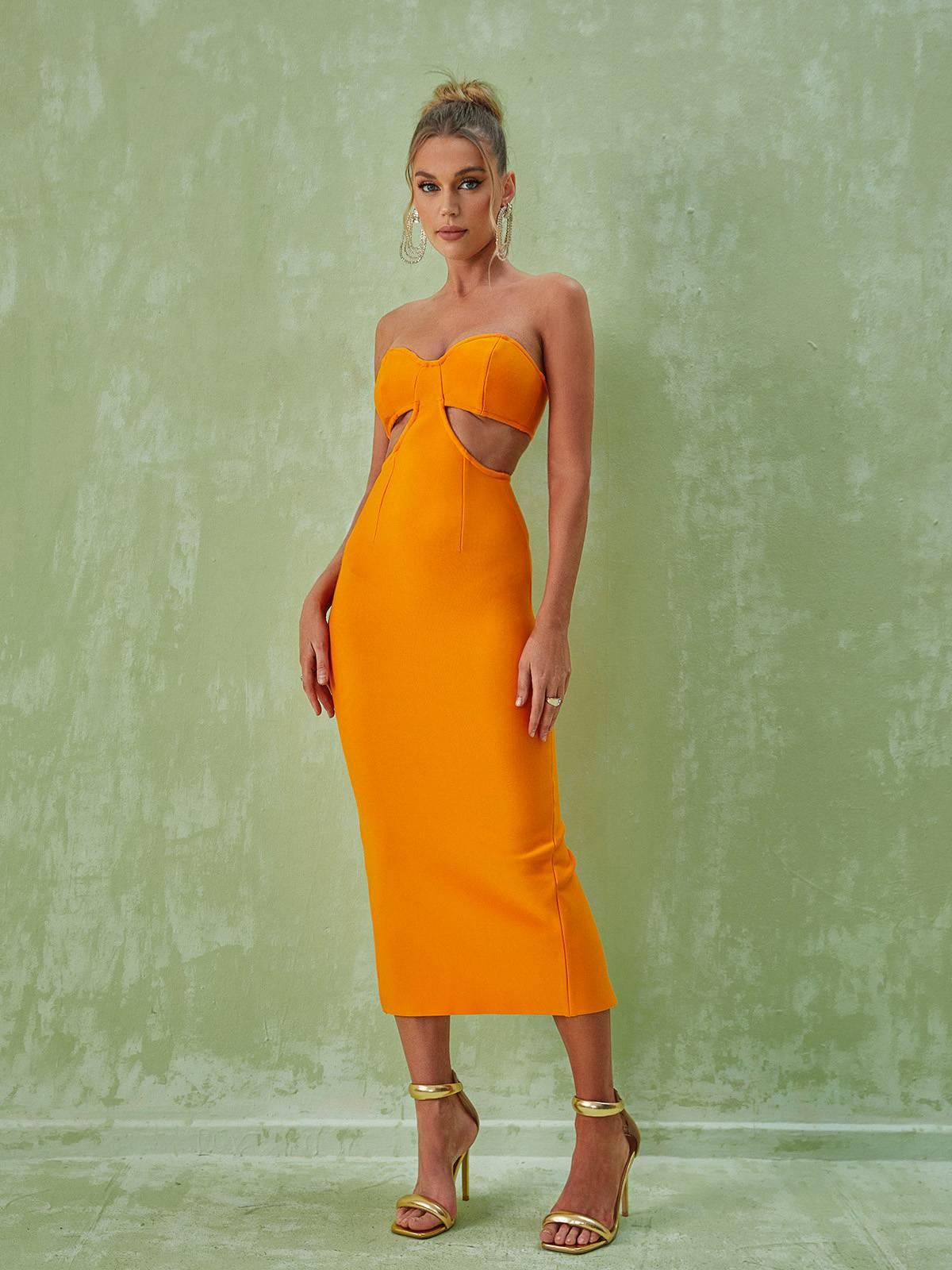 Strapless Sweetheart Cut Out Bandage Bodycon Midi Dress