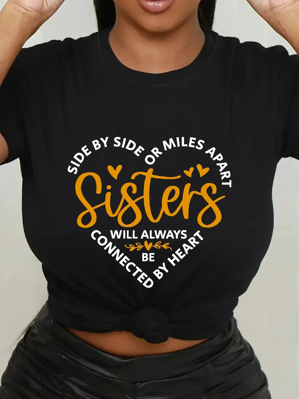 Sisters Heart Slogan Print Crew Neck Short Sleeve T-Shirt 2
