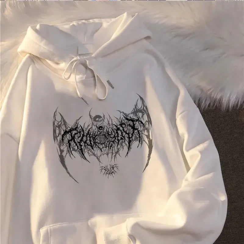 Gothic Bat Wing Skull Graphic Long Sleeve Pullover Hoodie 4