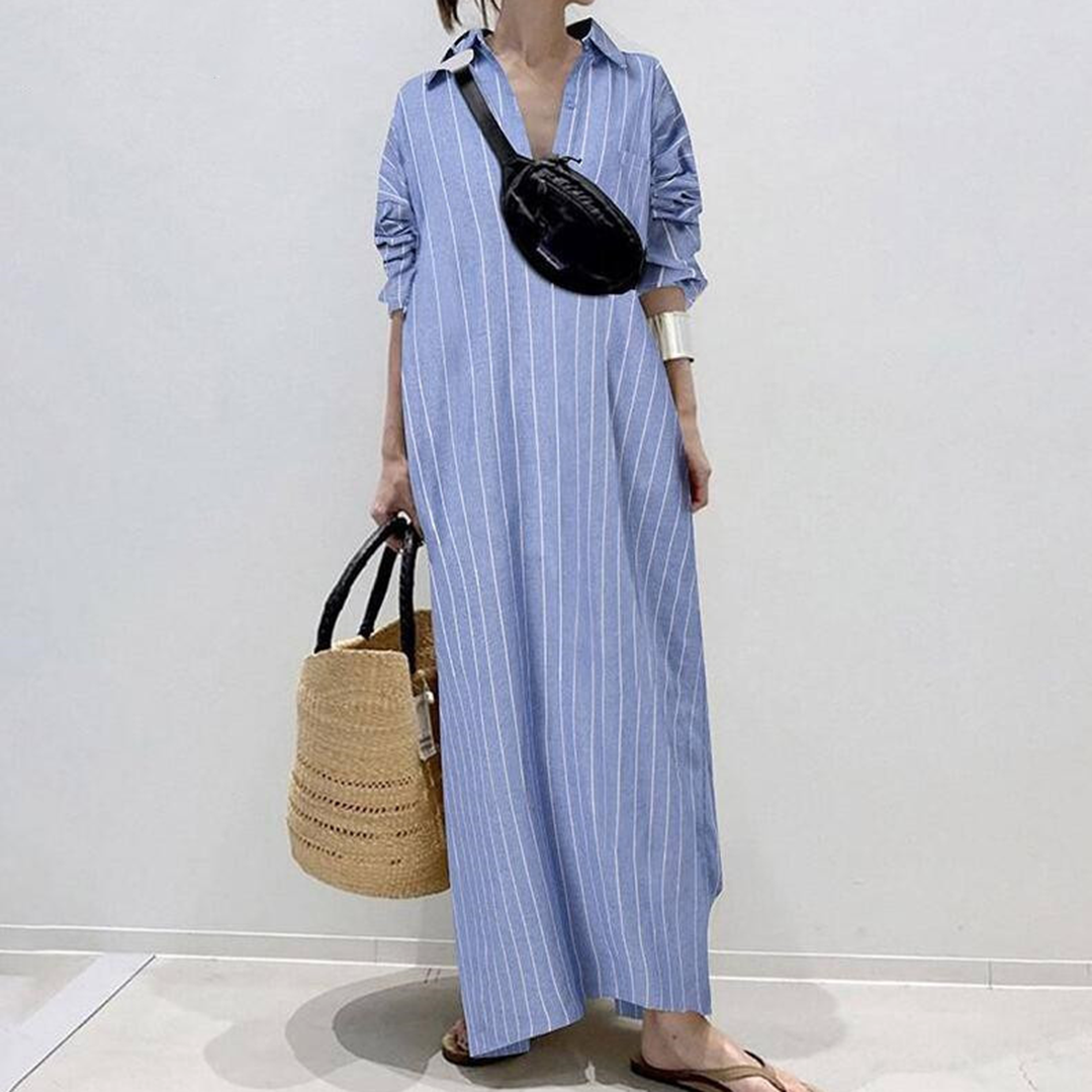 Pinstripe Oversized Button Front Long Sleeve Maxi Shirt Dress