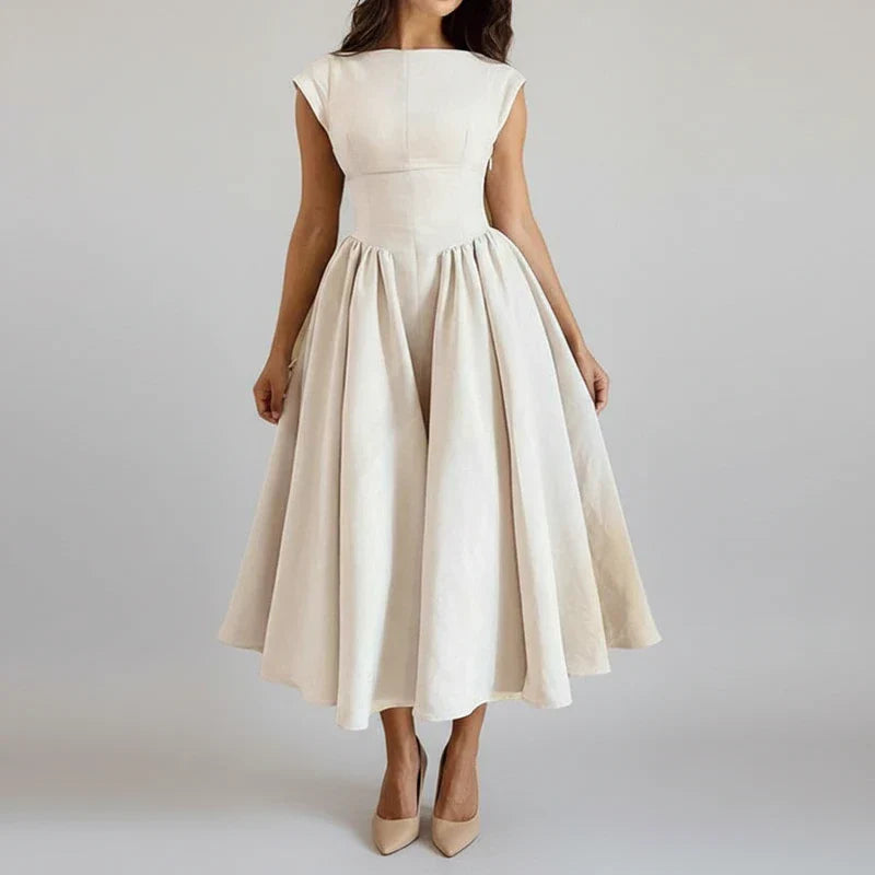 Boat Neck Cap Sleeve Fit and Flare Midi Dress