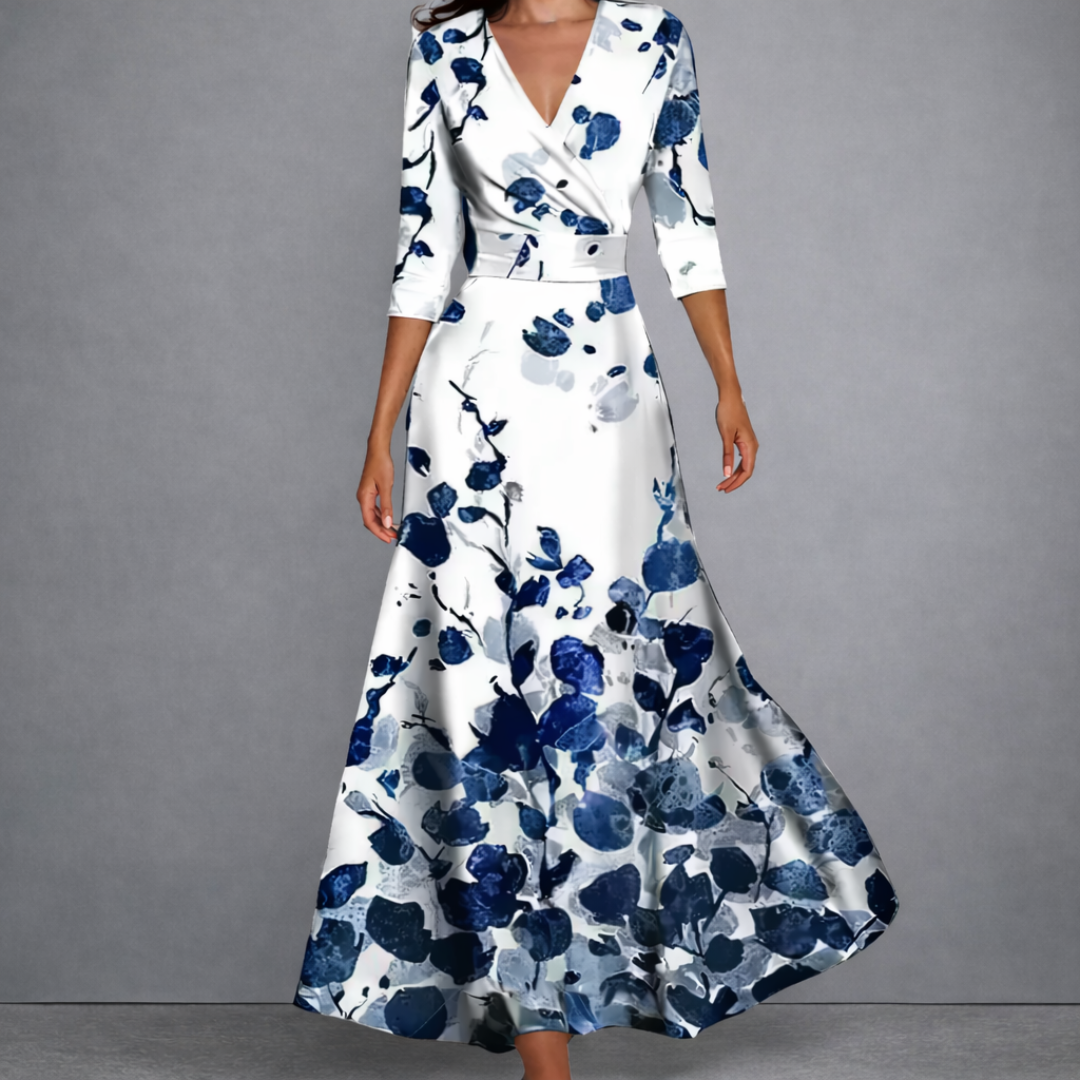 Floral Print V-Neck Belted Waist Fit and Flare Maxi Dress