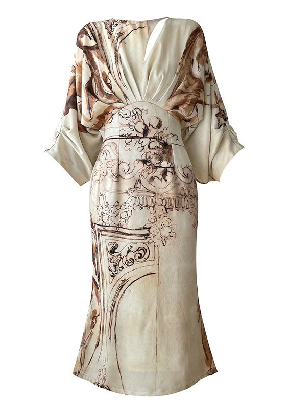Satin Sketch Print Deep V-Neck Asymmetric Cut Out Lantern Sleeve Ruched Waist Pencil Midi Dress