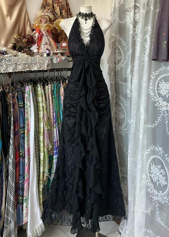 Lace Halter Neck V-Neck Ruched Ruffle Front Backless Maxi Dress