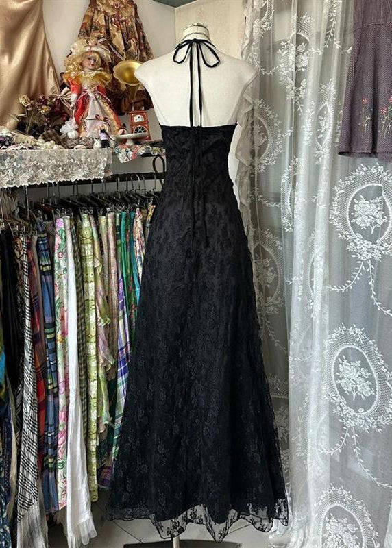 Slim Fit Black Backless Ruffled Lace Long Dress Sleeveless 2