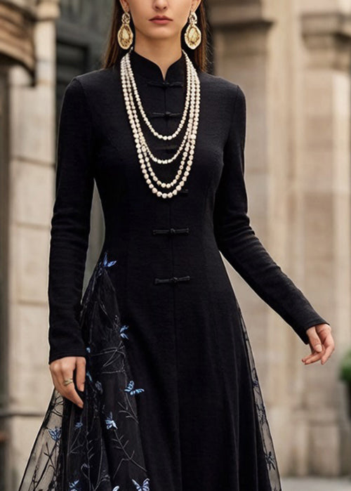 Mandarin Collar Frog Button Mesh Butterfly Embroidery Long Sleeve Maxi Dress