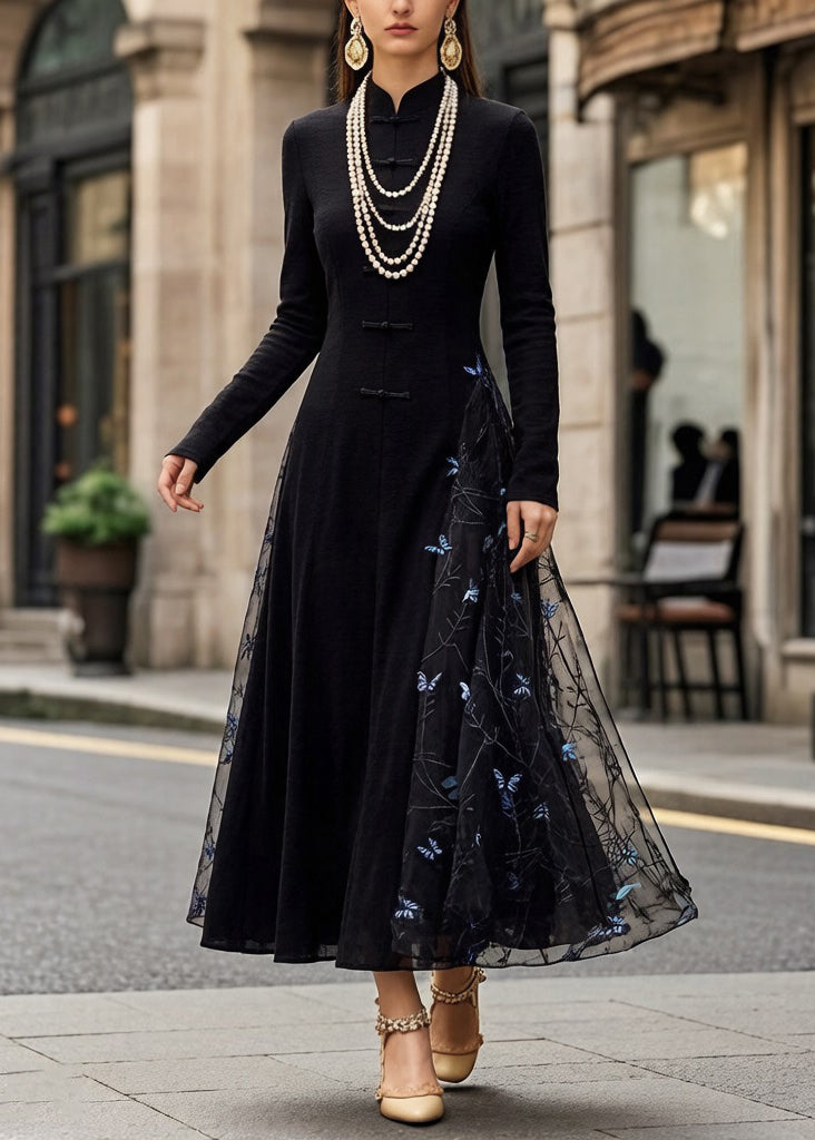 Mandarin Collar Frog Button Mesh Butterfly Embroidery Long Sleeve Maxi Dress