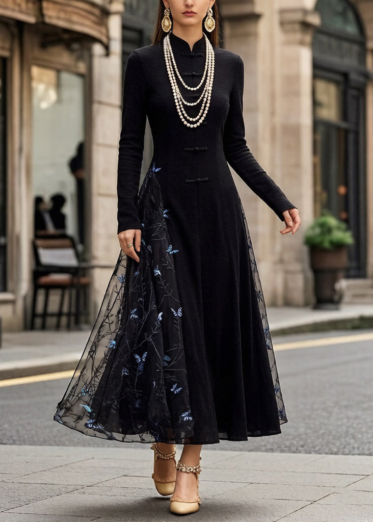 Mandarin Collar Frog Button Mesh Butterfly Embroidery Long Sleeve Maxi Dress