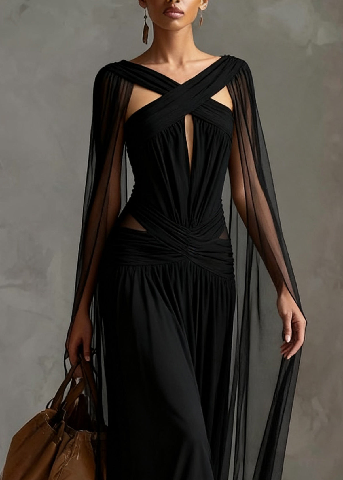 Tulle Halter Neck Cut Out Ruched Waist Sheer Cape Sleeve Party Gown