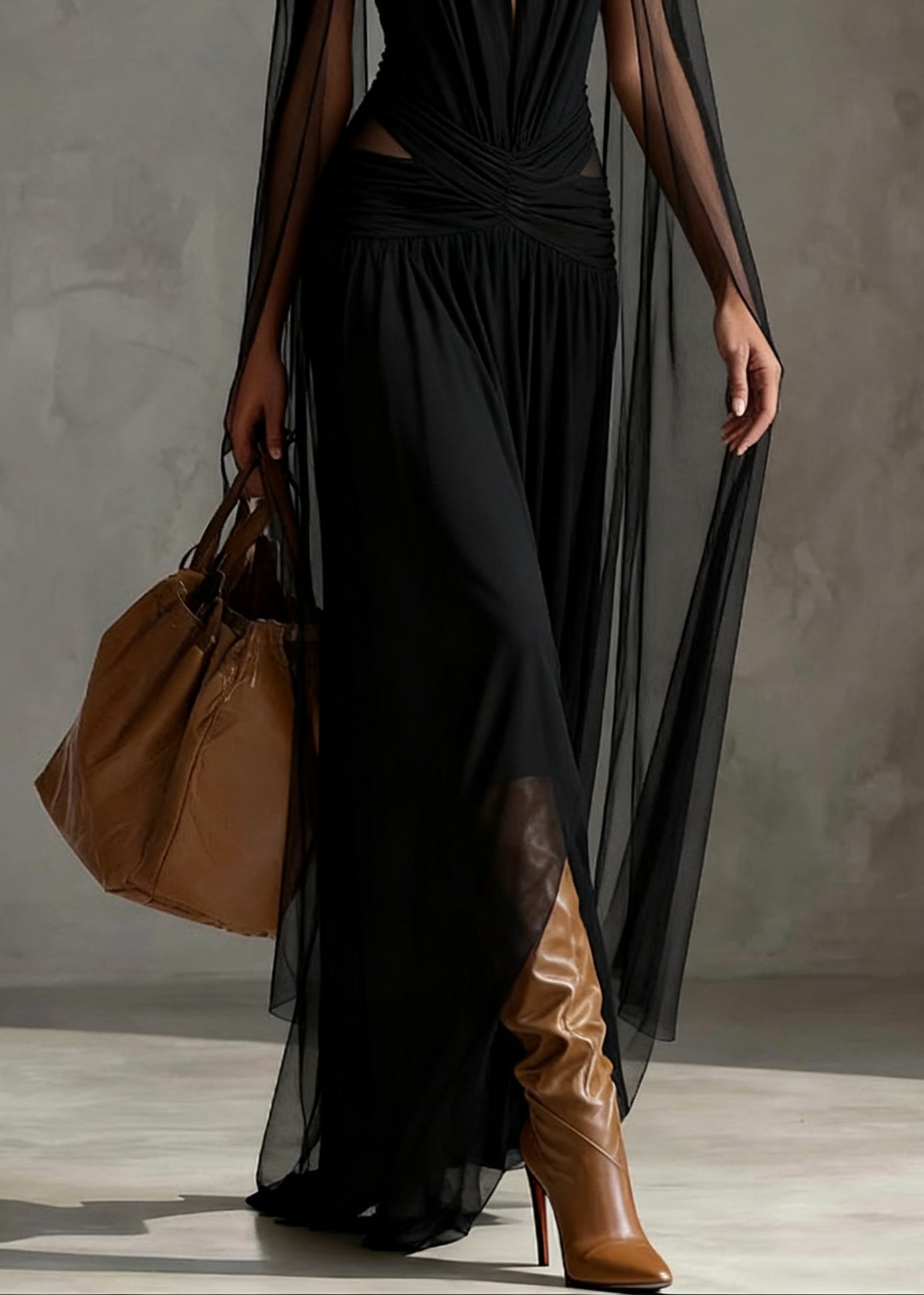 Tulle Halter Neck Cut Out Ruched Waist Sheer Cape Sleeve Party Gown