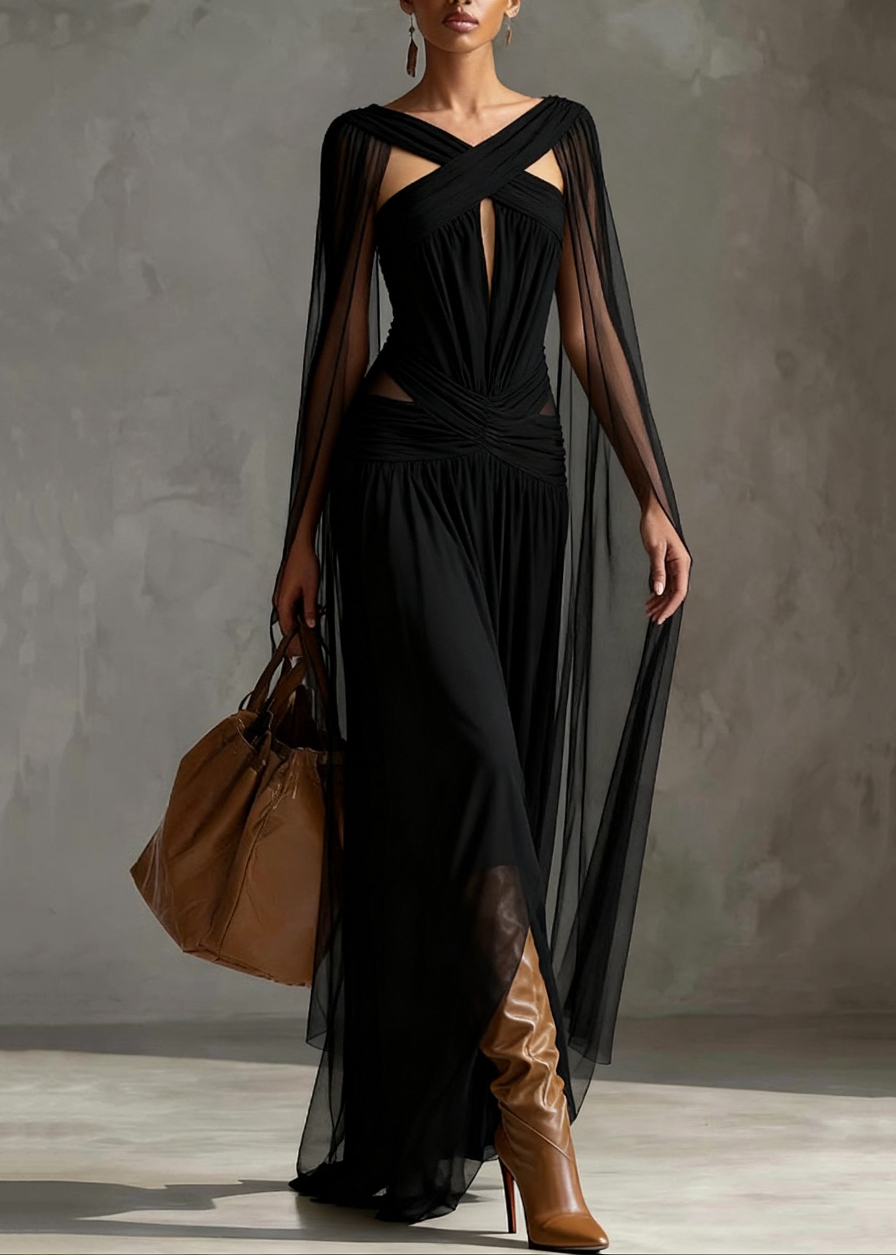 Tulle Halter Neck Cut Out Ruched Waist Sheer Cape Sleeve Party Gown
