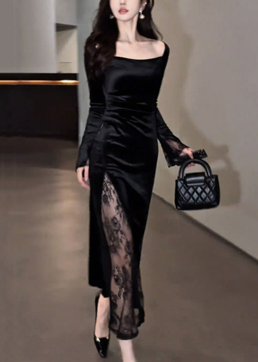 Velvet Square Neck Long Sleeve Lace Panel High Split Maxi Gown
